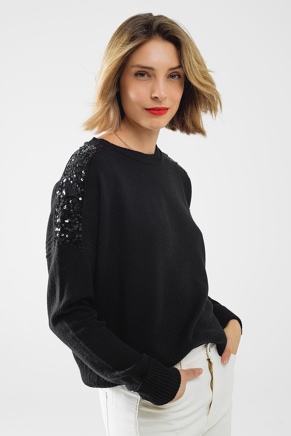 Black long sleeves sweater with sequins on the shoulders - Jumpers
