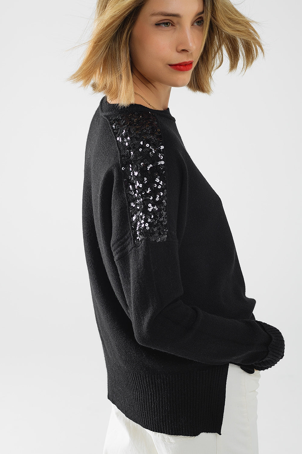 Black long sleeves sweater with sequins on the shoulders - Jumpers