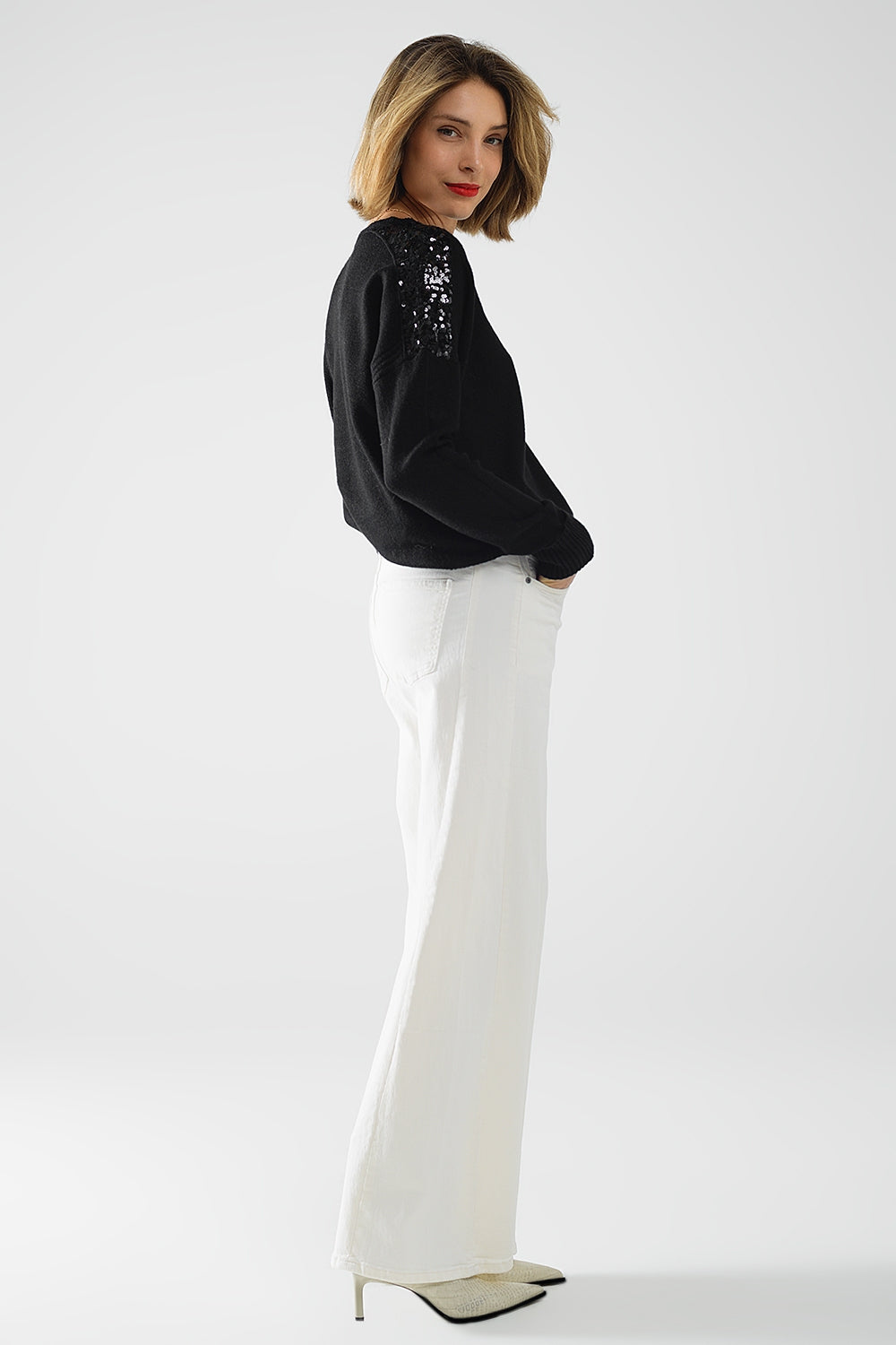 Black long sleeves sweater with sequins on the shoulders - Jumpers
