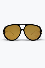 Black Oversize Aviator Frame Gold Trim Amber Lens Sunglasses