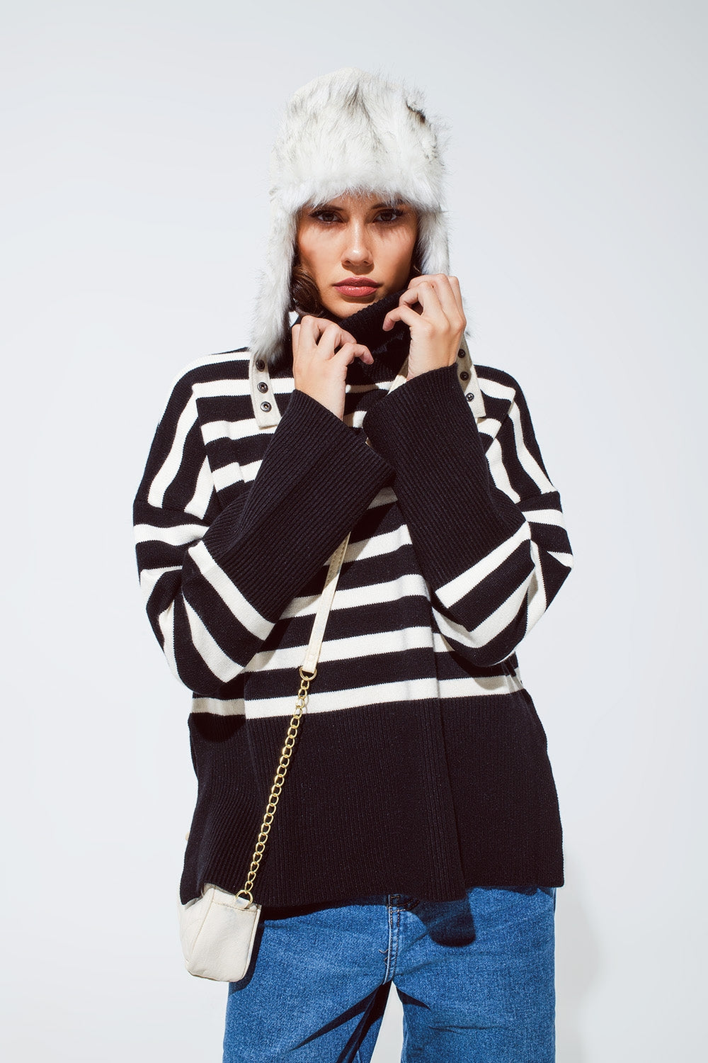Black oversized trutleneck sweater with white stripes and splits on the side - Jumpers