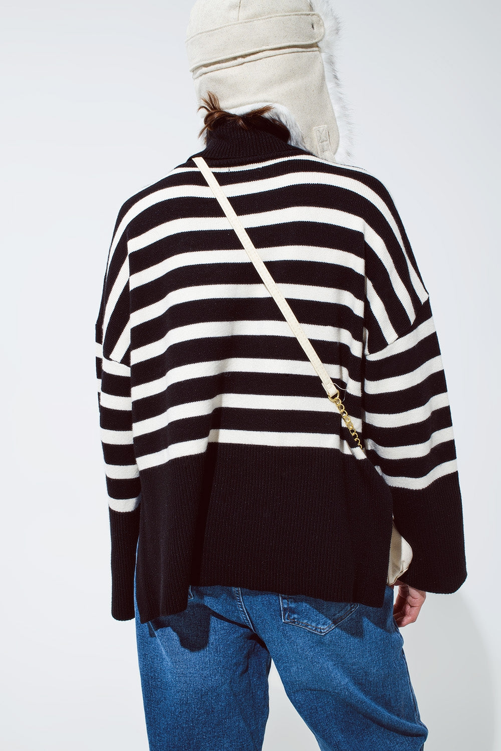 Black oversized trutleneck sweater with white stripes and splits on the side - Jumpers