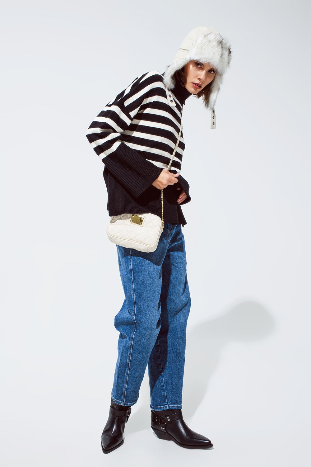 Black oversized trutleneck sweater with white stripes and splits on the side - Jumpers