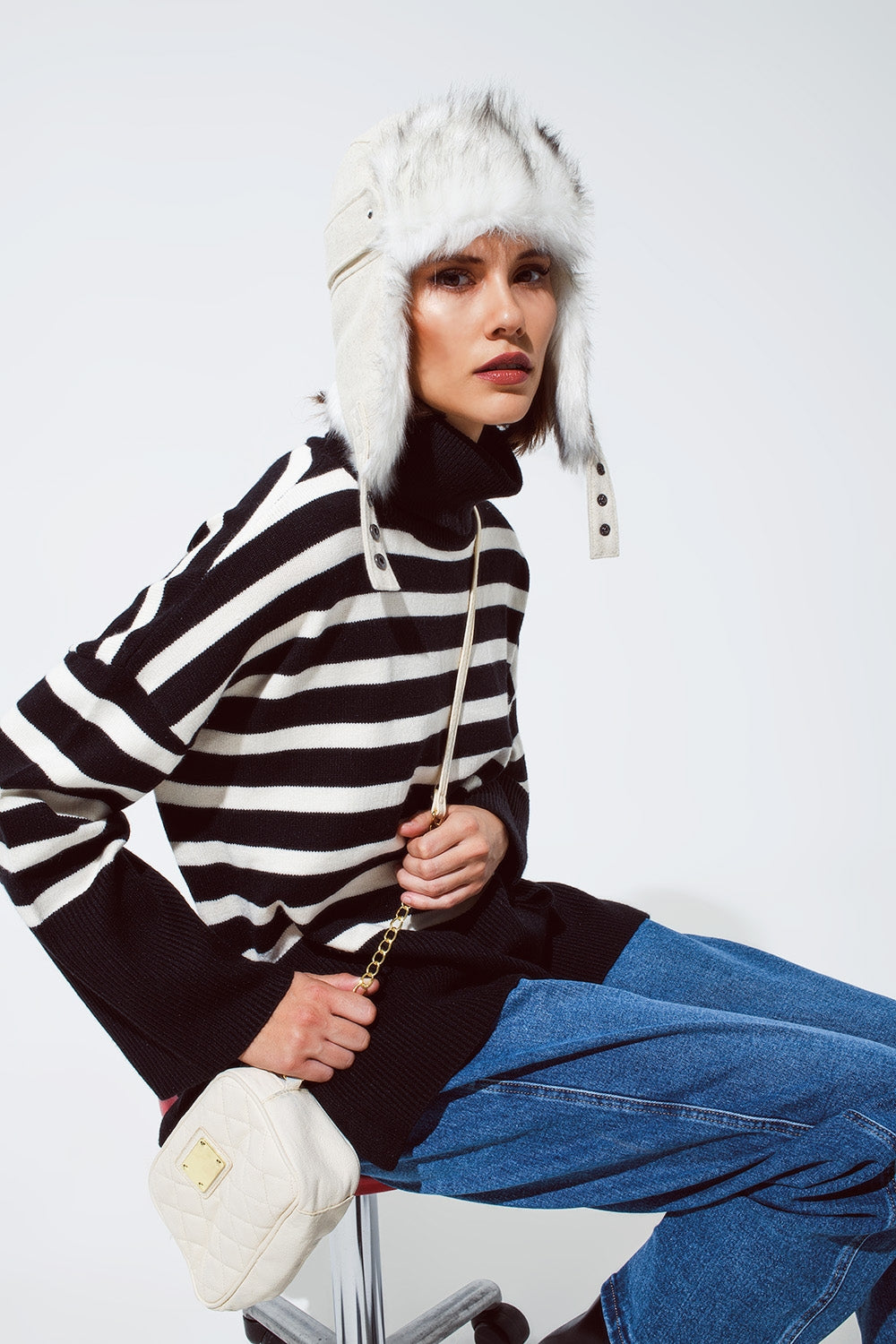 Black oversized trutleneck sweater with white stripes and splits on the side - Jumpers
