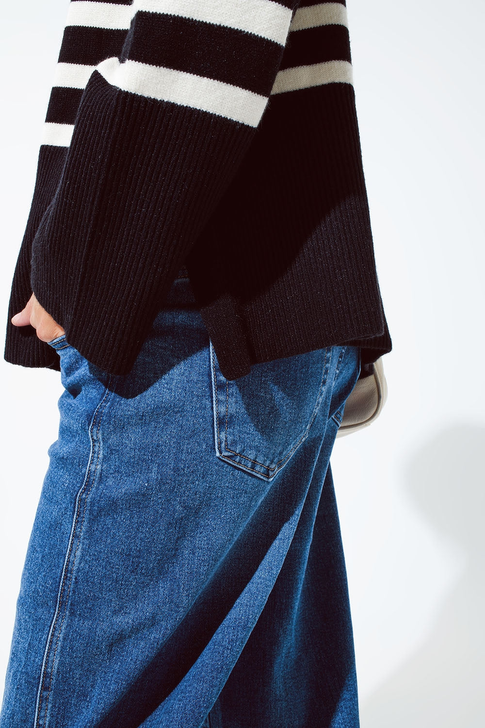 Black oversized trutleneck sweater with white stripes and splits on the side - Jumpers