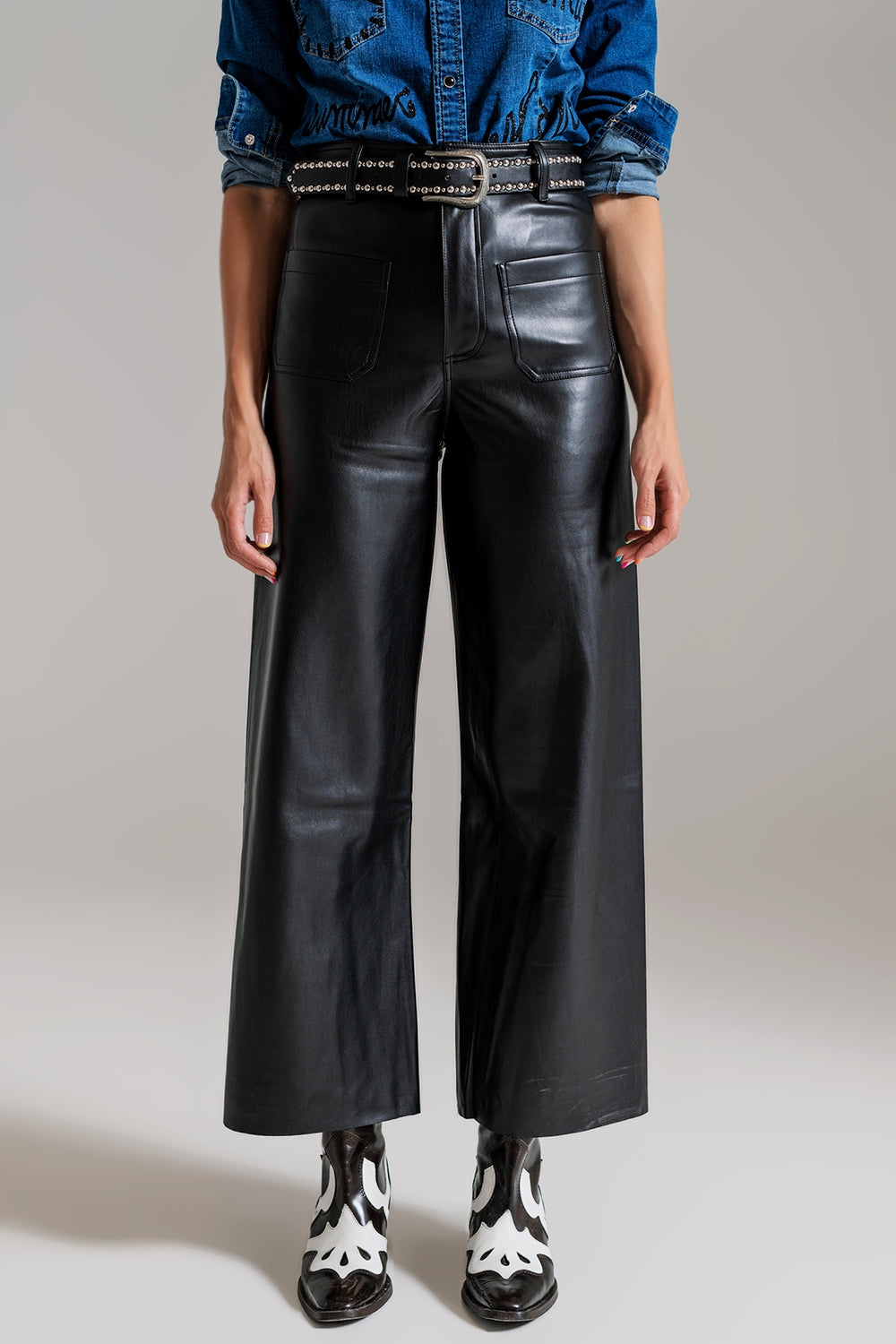 black palazzo-style faux leather pants with pocket detail - Trousers