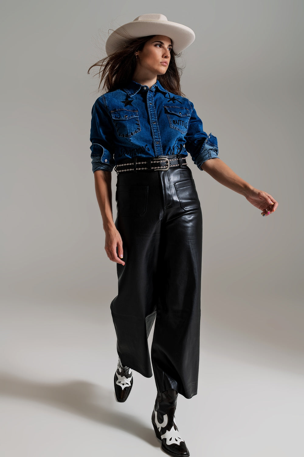 black palazzo-style faux leather pants with pocket detail - Trousers