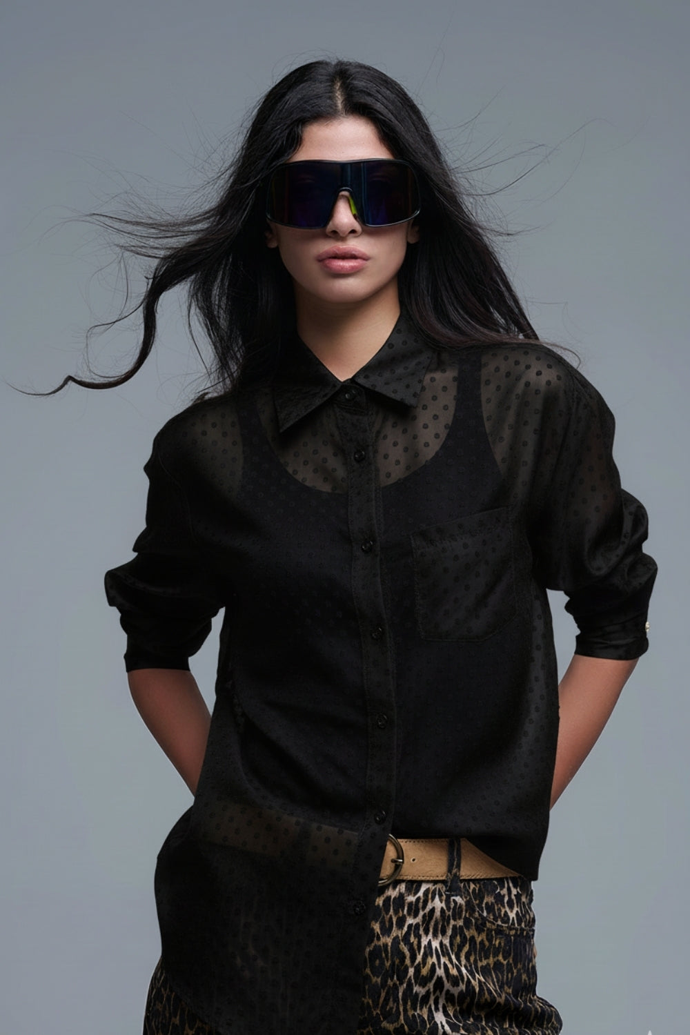 Black Polka-Dot Button-Up Shirt in chiffon - Shirts