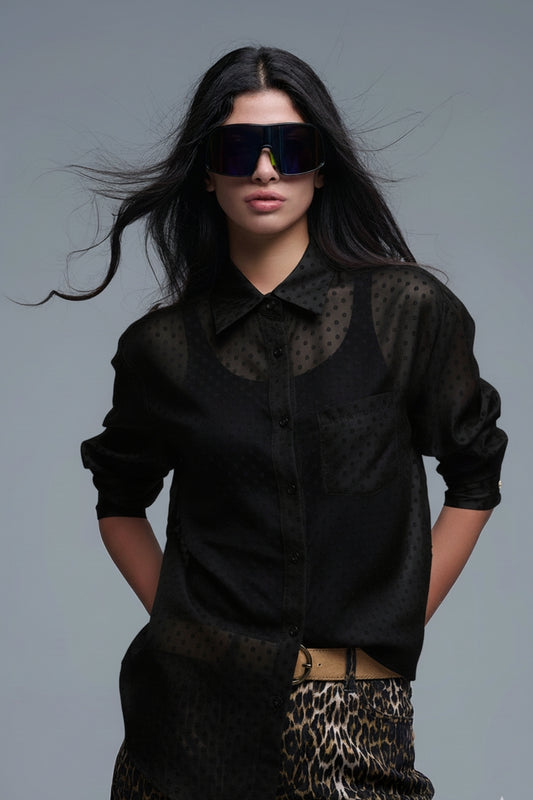 Black Polka-Dot Button-Up Shirt in chiffon - Shirts