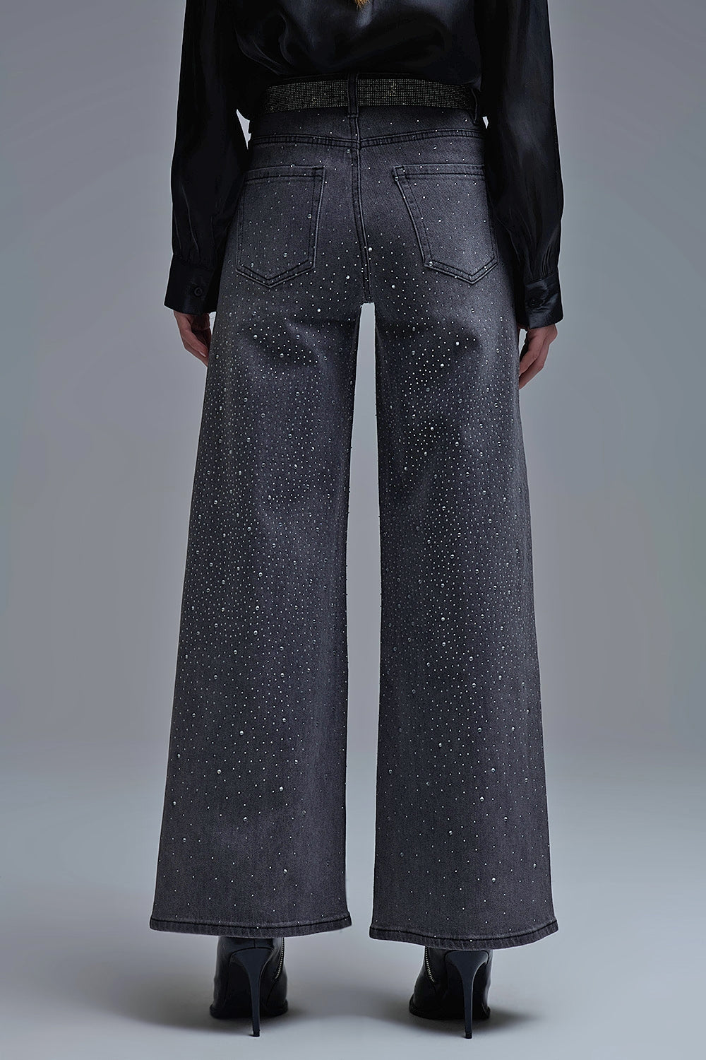 Black Rhinestone Wide-Leg Jeans - Jeans