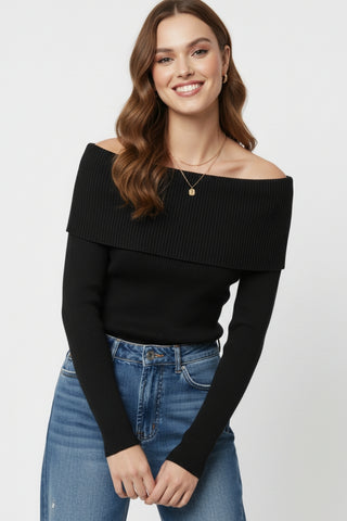 Black fine ribbed knit sweater with wide boat neck
