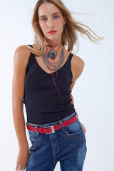 Black Ribbed Knit Top with V-neck and Spaghetti Straps