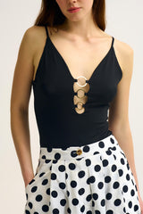 Body noir et or à col en V en tissu élastique
