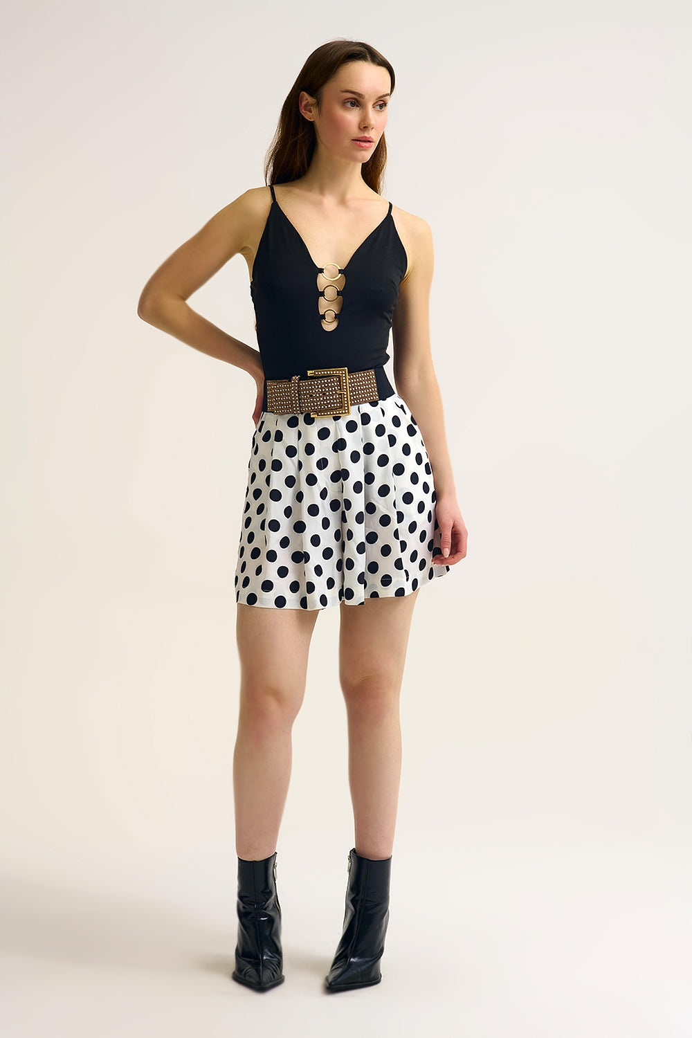 Black gold Ring-Detail V-Neck Bodysuit in elastic fabric - Tops