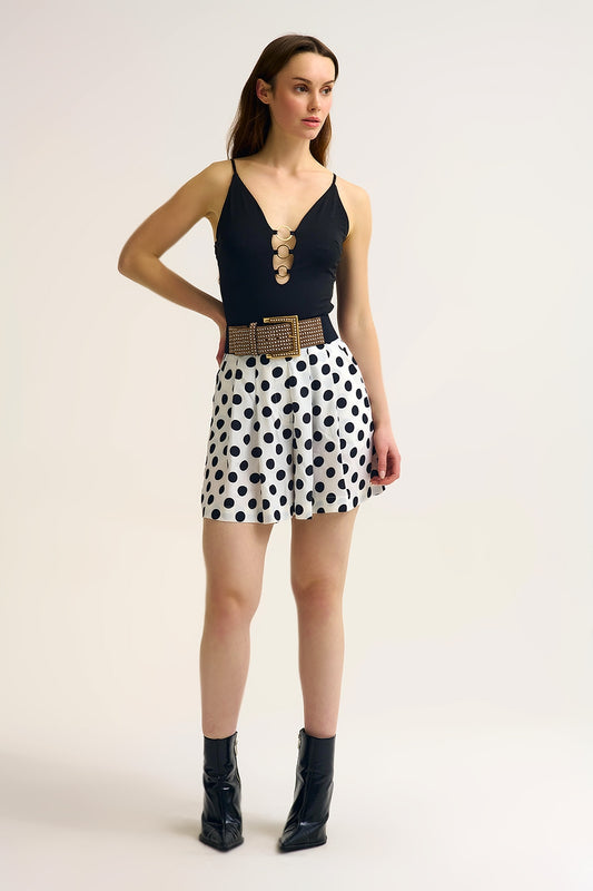 Black gold Ring-Detail V-Neck Bodysuit in elastic fabric - Tops