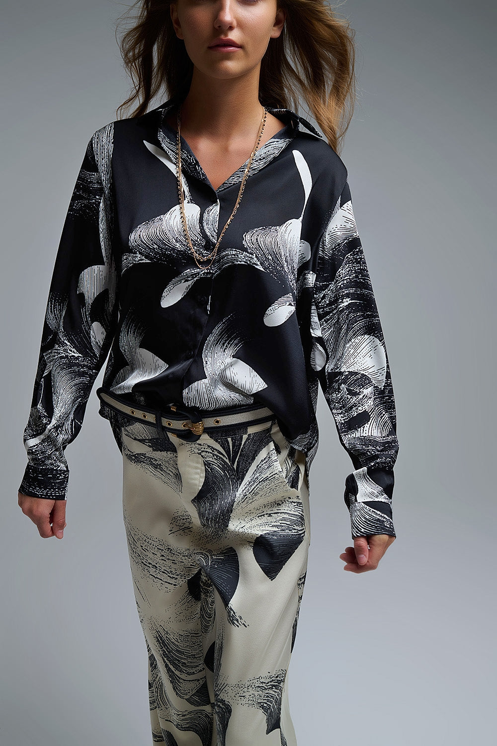 Black Satin blouse in abstract print - Shirts