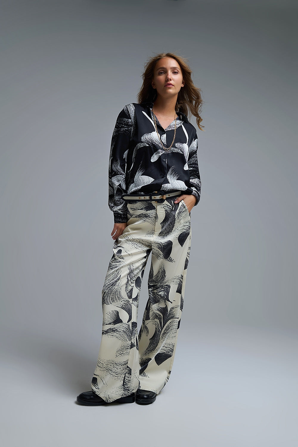 Black Satin blouse in abstract print - Shirts