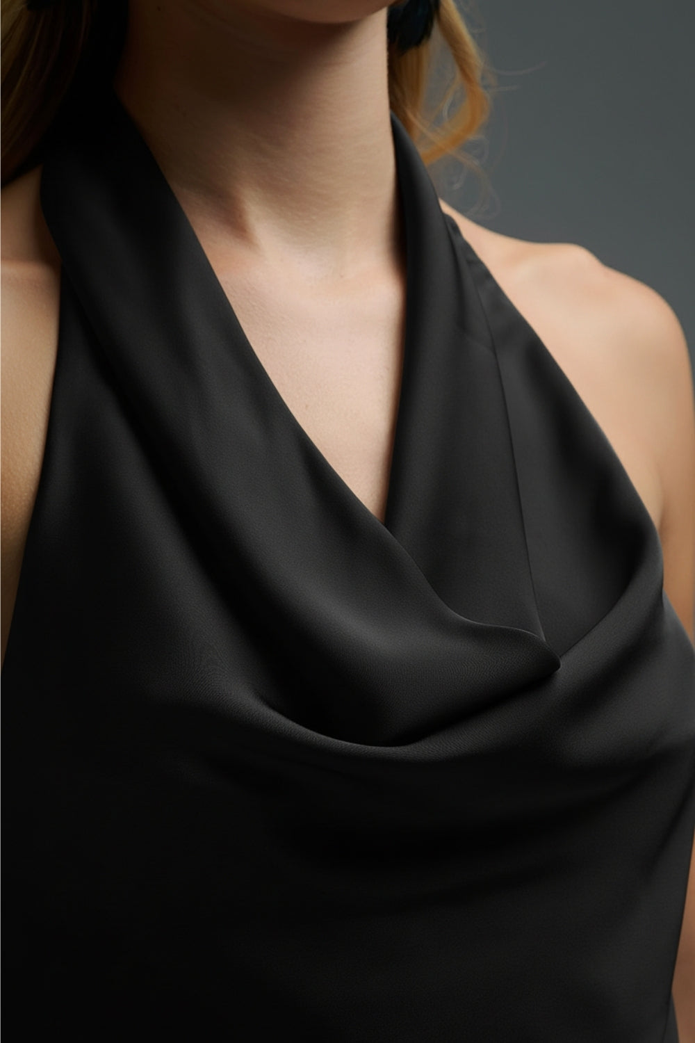 Black Satin Halter Top with Draped Neckline - Tops