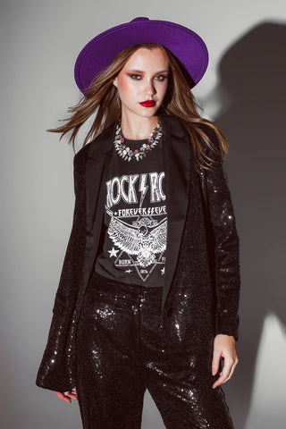 Blazer de smoking à paillettes noires avec revers en satin