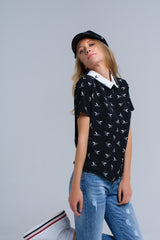 Black shirt with white printed birds