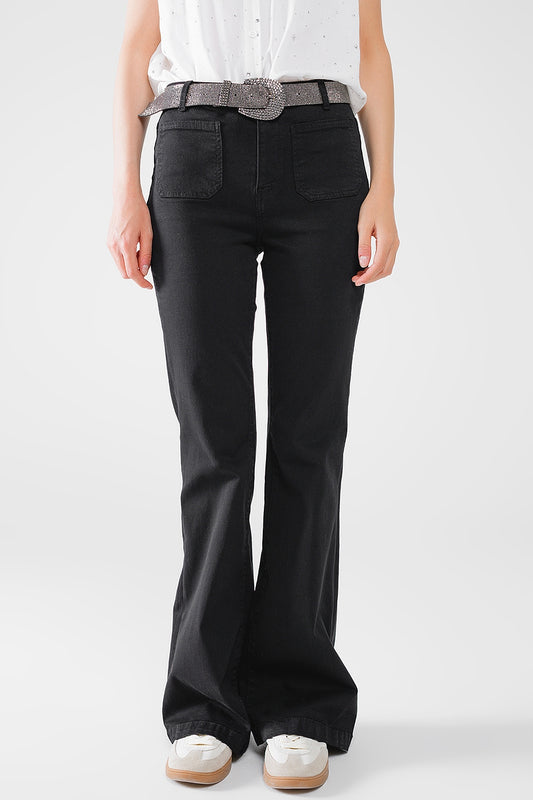 Black Skinny Flared Jeans With Front Pocket Detail - Jeans