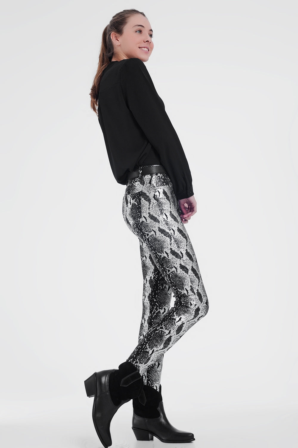 Black skinny shiny printed pants - Trousers