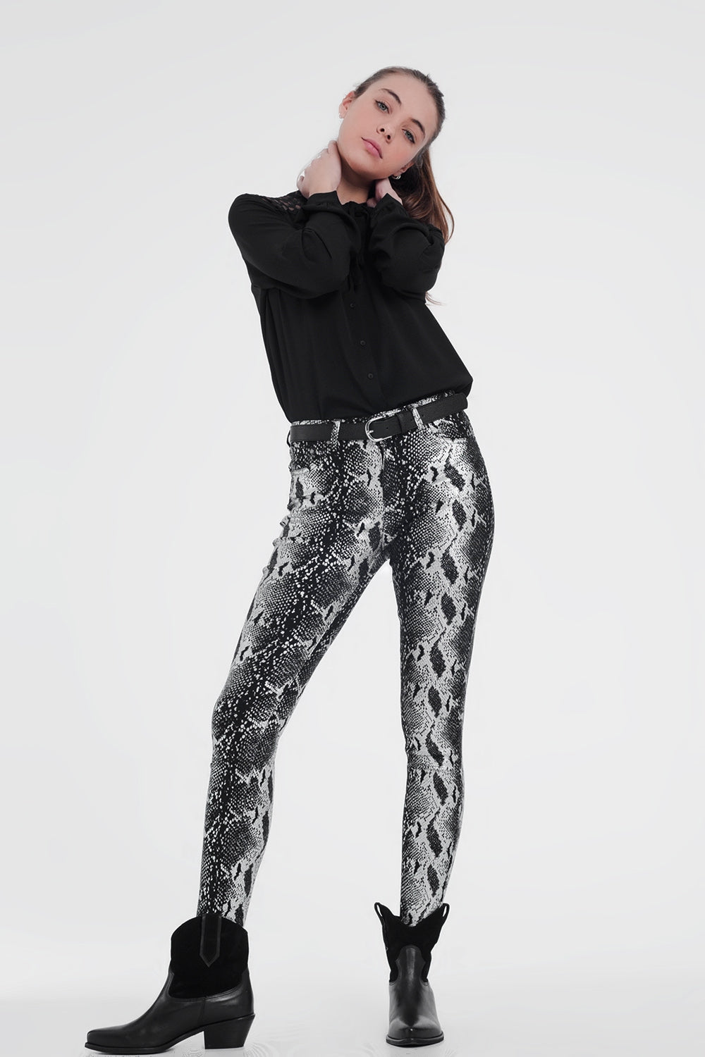 Black skinny shiny printed pants - Trousers