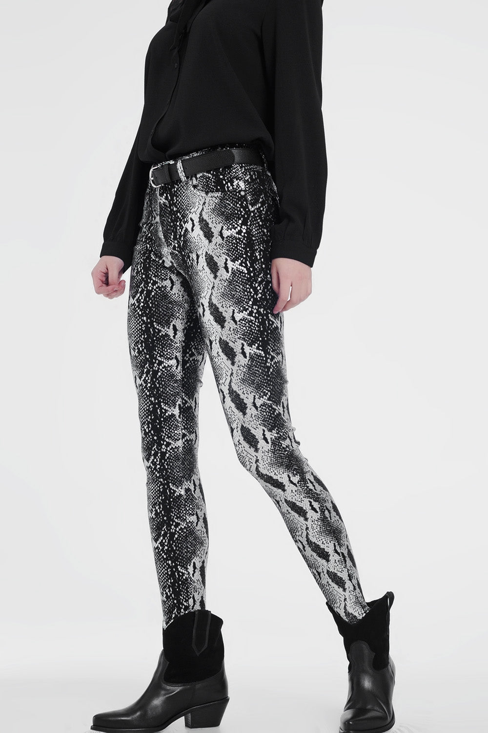 Black skinny shiny printed pants - Trousers