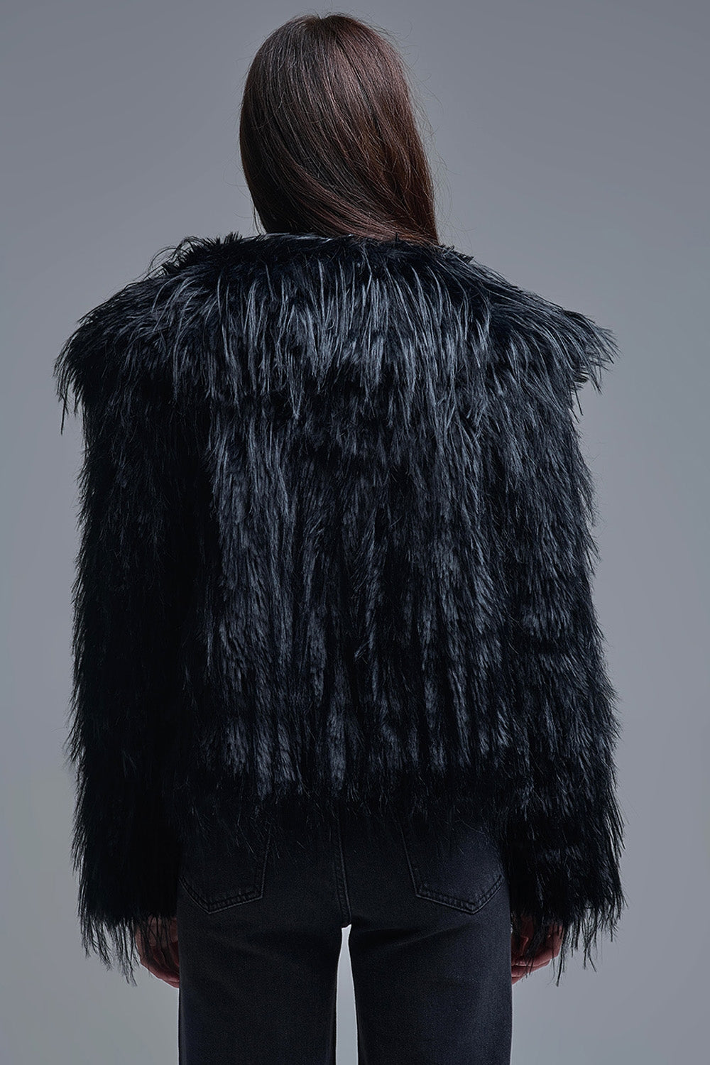 Black Statement Faux Fur Jacket with Big Collar - Coats and Jackets