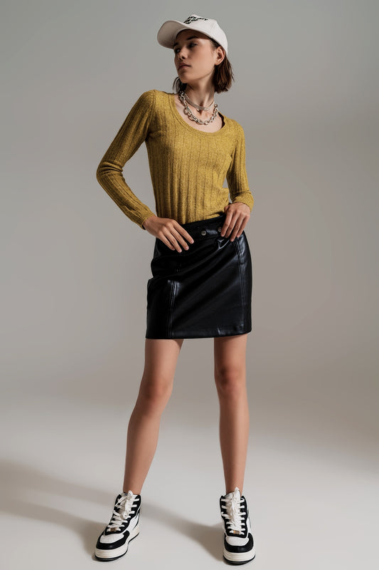 Black Straight faux leather mini skirt with belt - Skirts