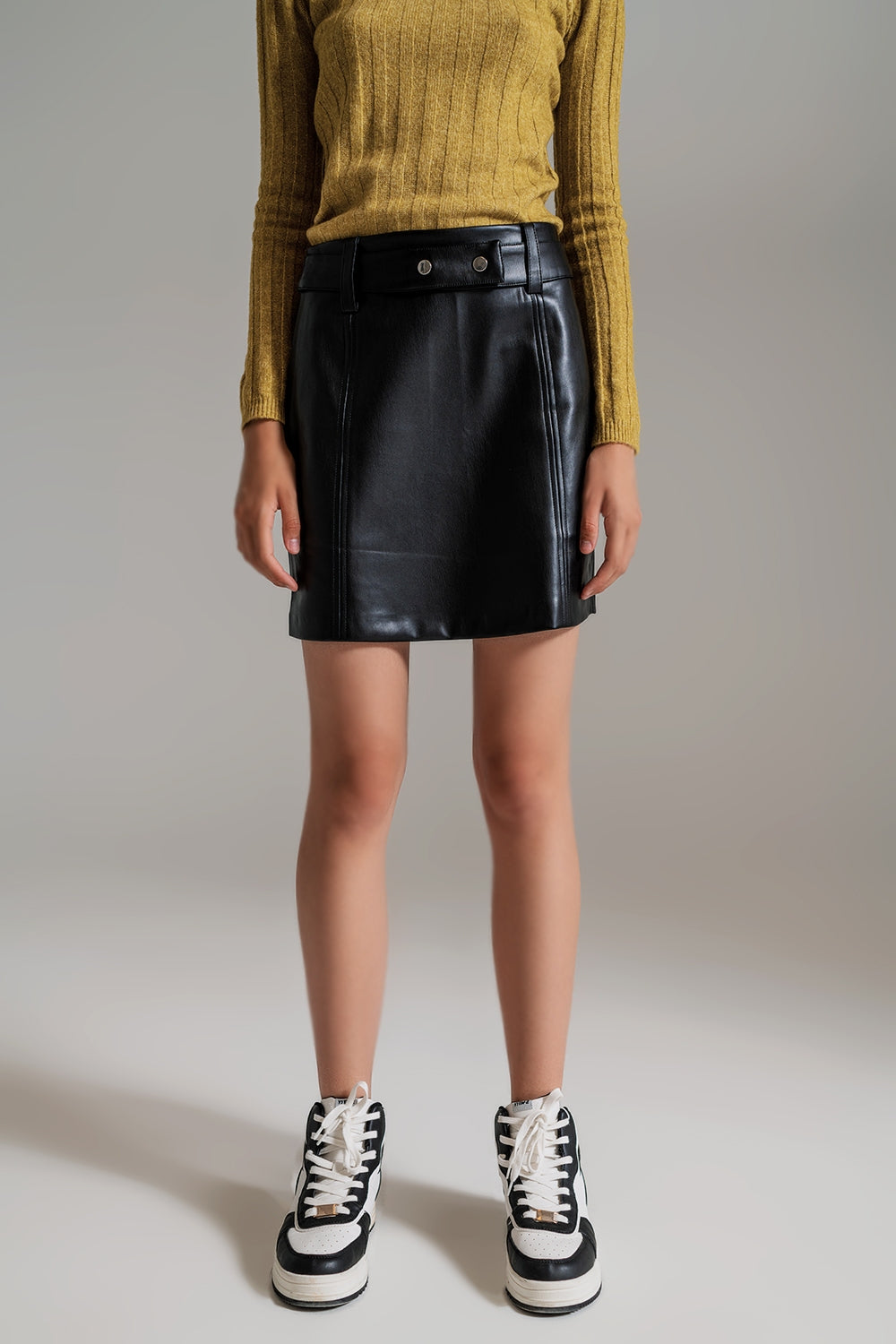 Black Straight faux leather mini skirt with belt - Skirts