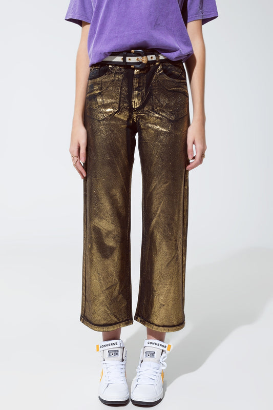 Black straight leg jeans with gold metallic glow - Jeans