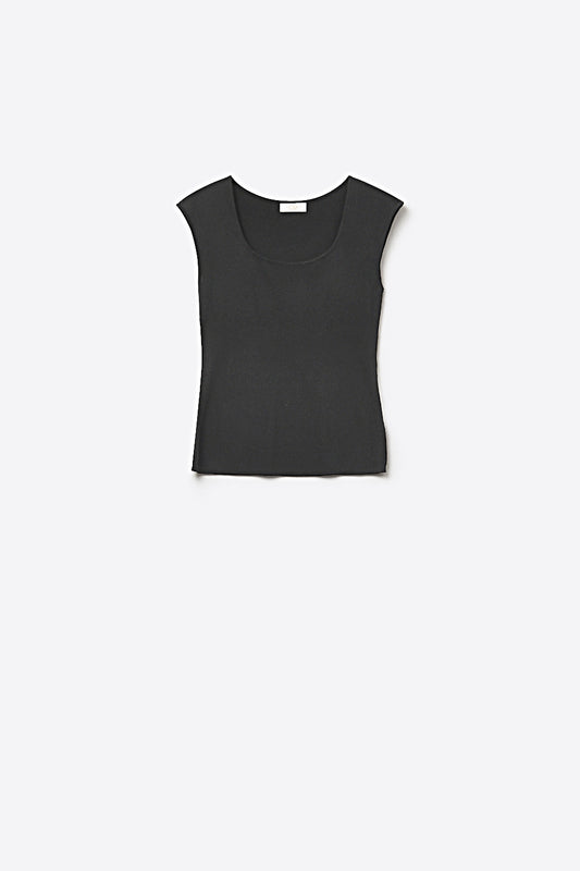 Black Stretch Knit Scoop Neck Sleeveless Top -