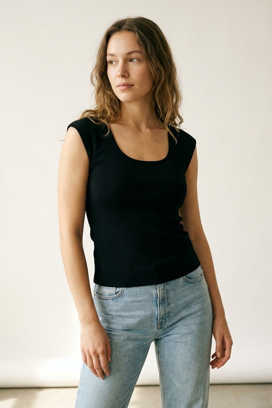 Black Stretch Knit Scoop Neck Sleeveless Top -
