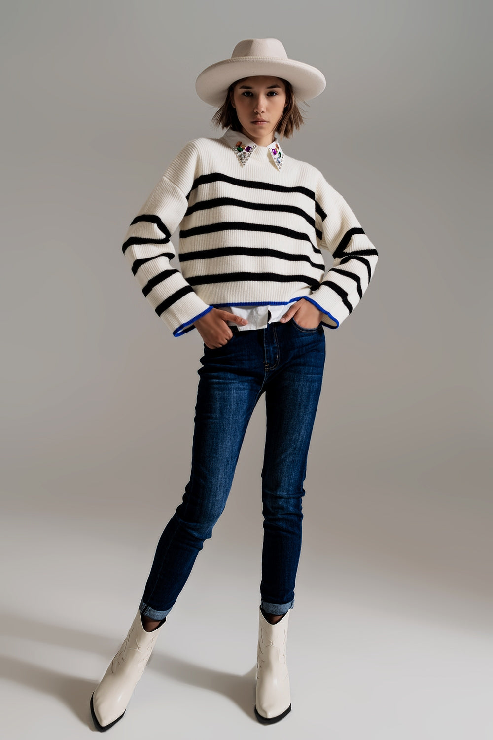 black striped jumper with blue stripe detail on the bottom - Jumpers