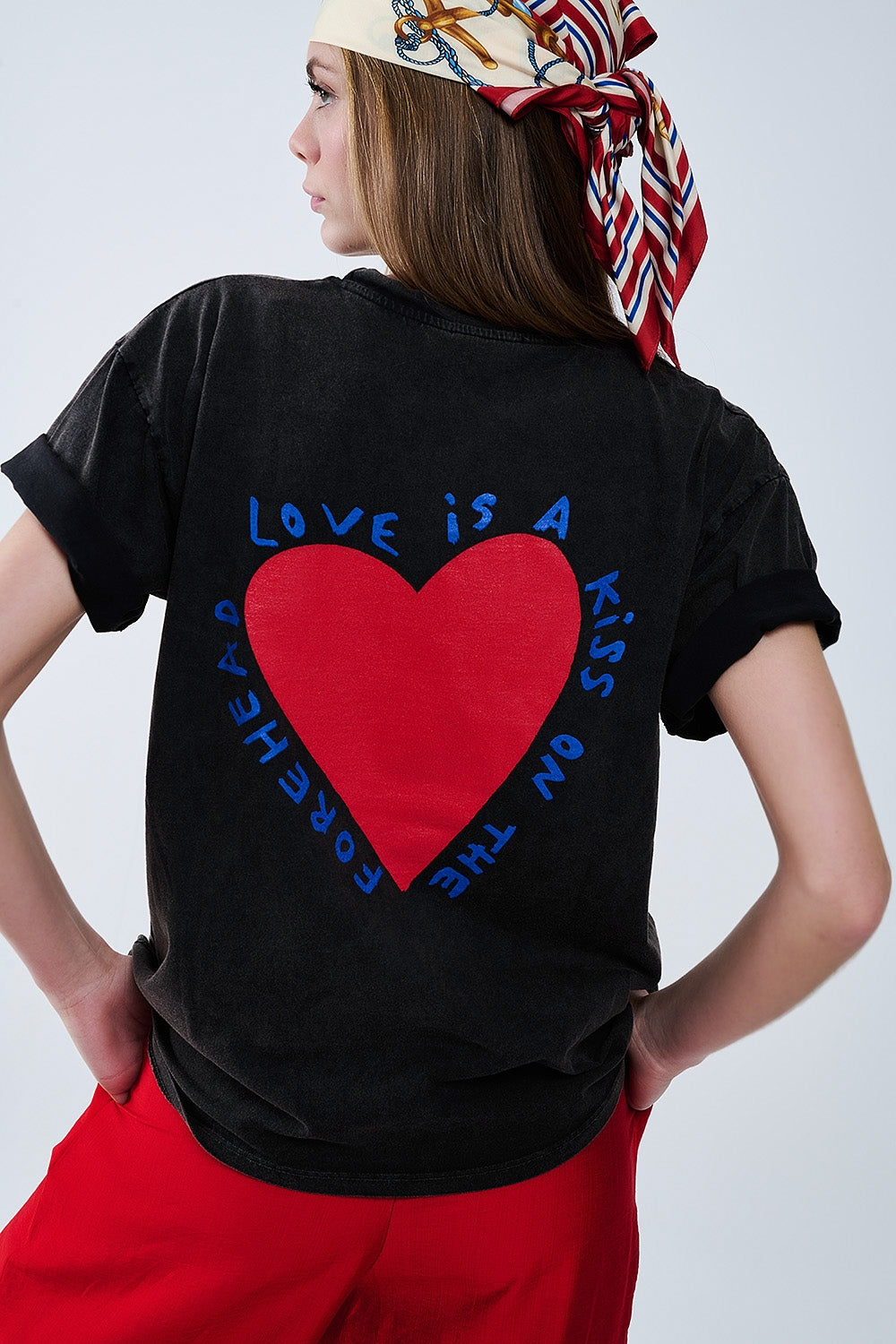 Black T-shirt featuring a heart design on both the front and back - T-Shirts