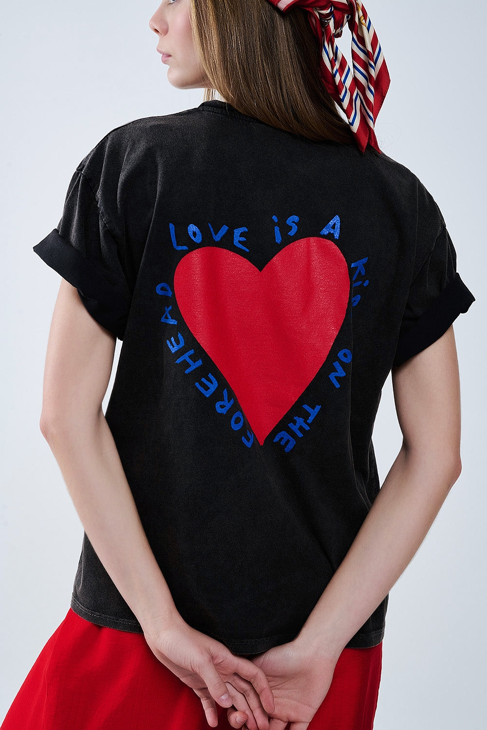 Black T-shirt featuring a heart design on both the front and back - T-Shirts