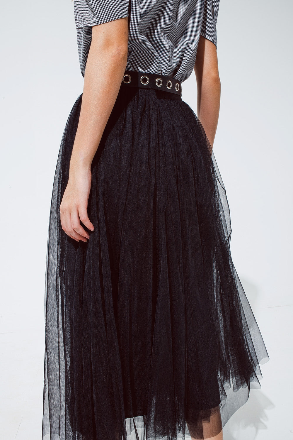 Black tulle midi skirt with elastic waist - Skirts