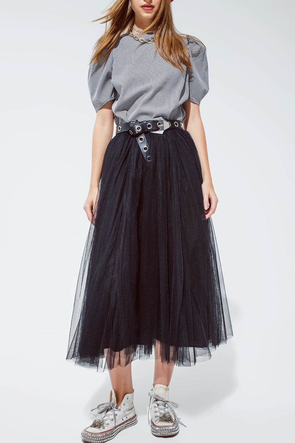 Black tulle midi skirt with elastic waist - Skirts