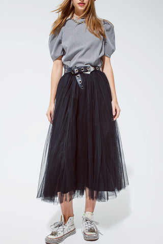 Black tulle midi skirt with elastic waist