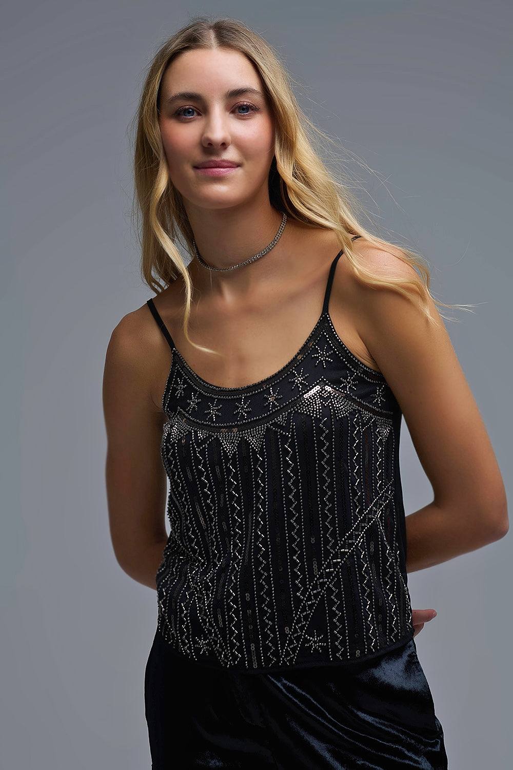 Vintage Embroidered Sequin Cami Top in black - Tops