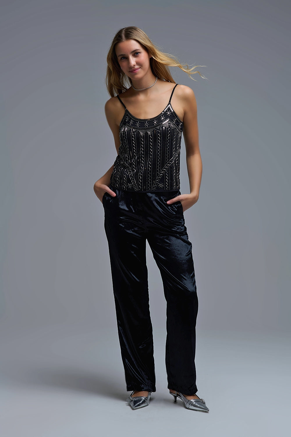 Vintage Embroidered Sequin Cami Top in black - Tops