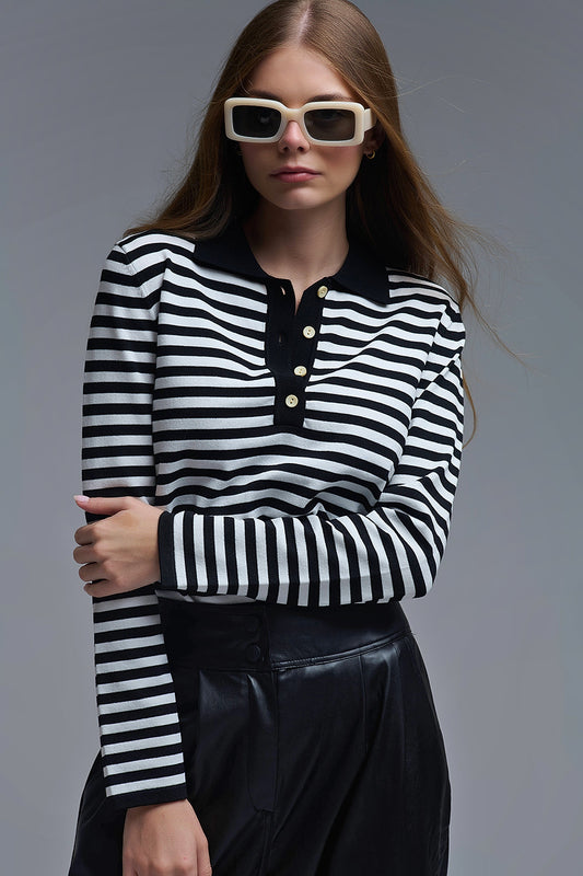 Black & White Striped Long-Sleeve Polo - Tops