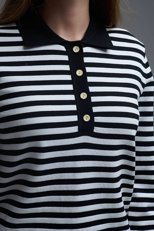 Black & White Striped Long-Sleeve Polo - Tops
