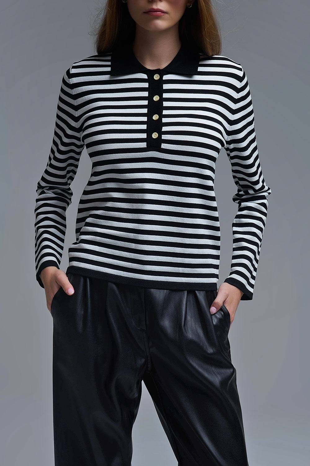 Black & White Striped Long-Sleeve Polo - Tops