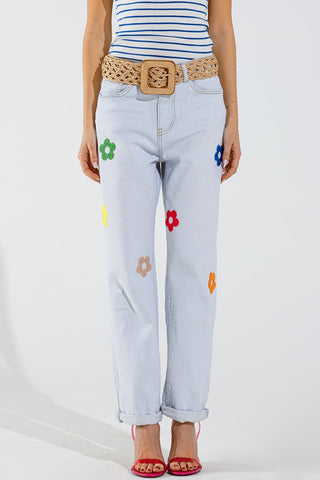 Bleached Relaxed Jeans With Multicolor Floral Design