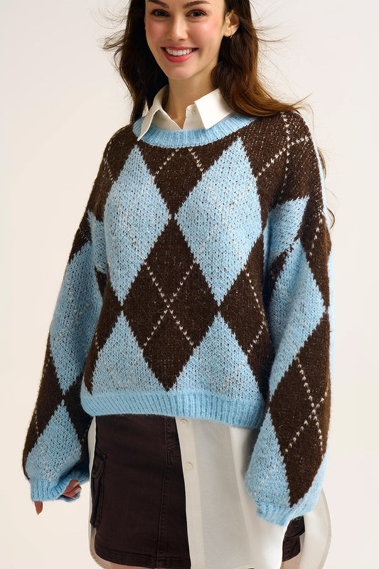 Blue and Brown diamond Knit Sweater With Voluminous Sleeves - Sweaters