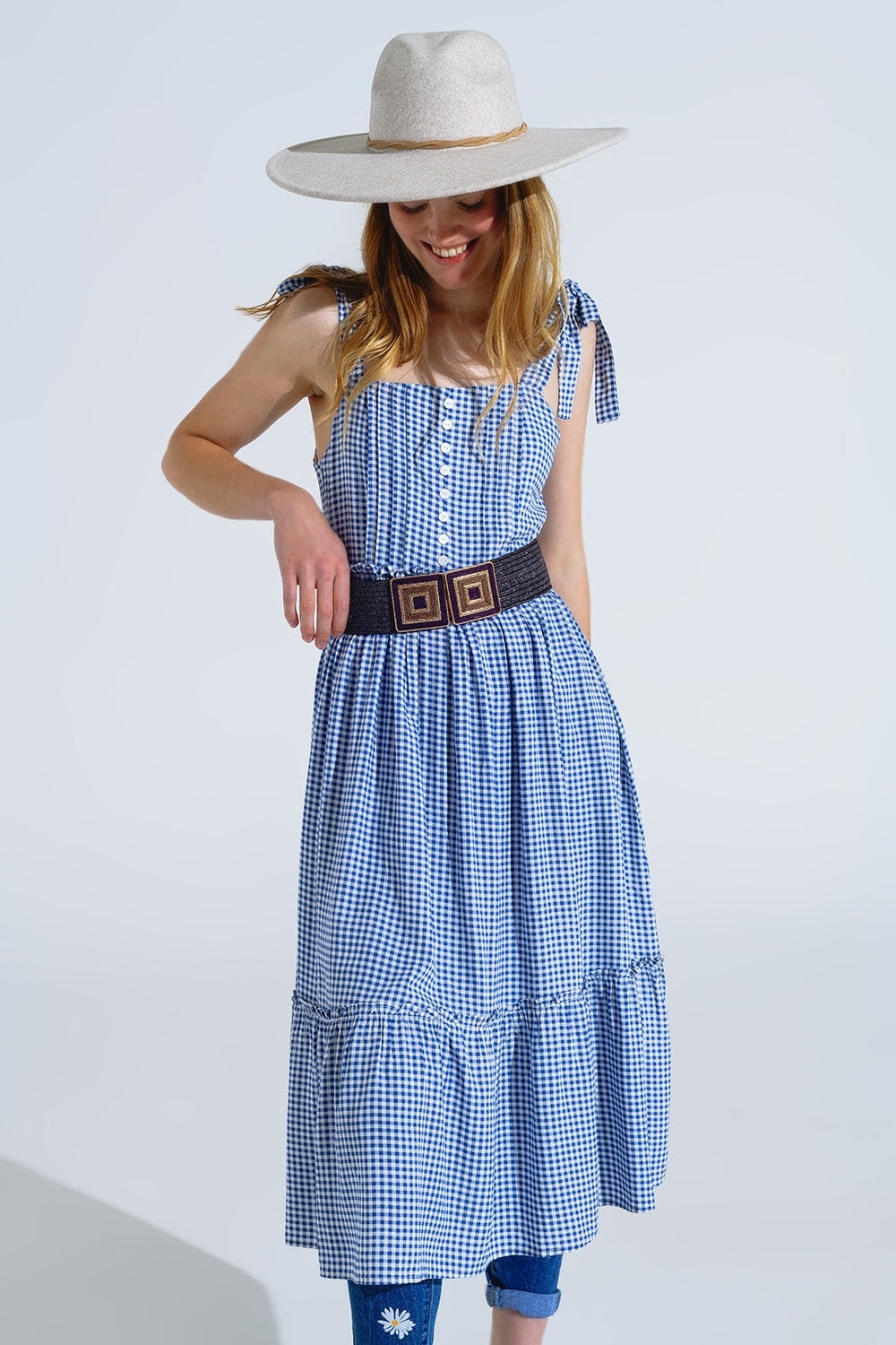 Blue and White Gingham A-line Dress With Adjustable Straps - Dresses