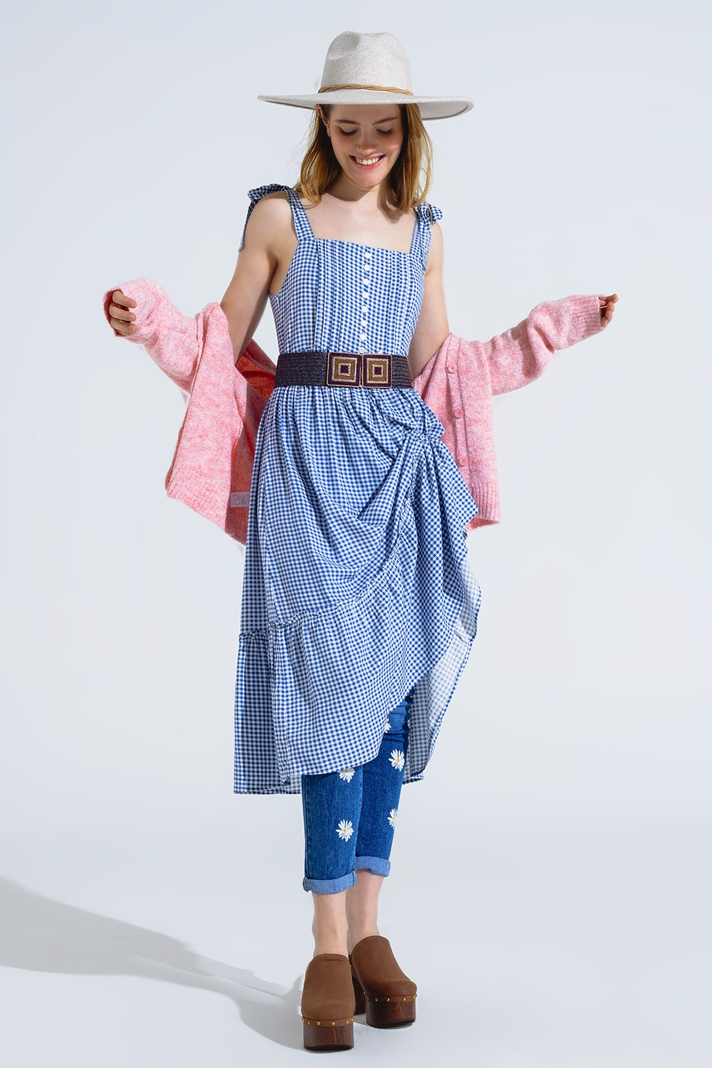 Blue and White Gingham A-line Dress With Adjustable Straps - Dresses