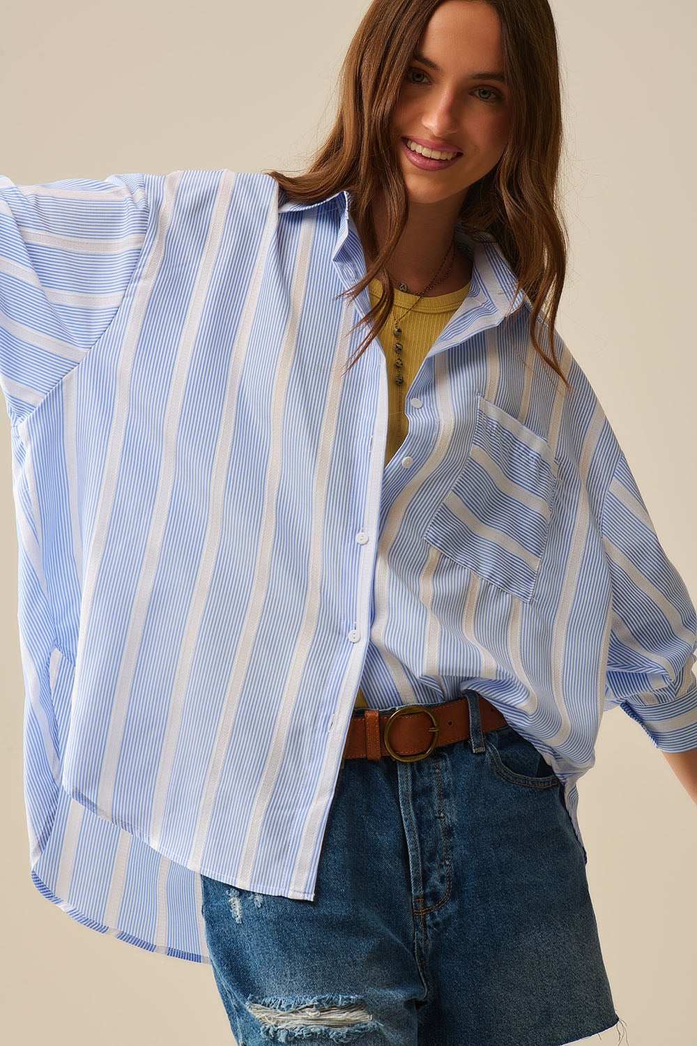 Blue and White relaxed fit Striped Shirt Tie at The Back - Shirts